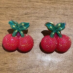 Acyclic Cherry Shaped Earrings with Green Leaves